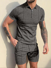 MEN SOLID COLOR TURN-DOWN COLLAR CASUAL SHORT SLEEVE T-SHIRT AND DRAWSTRING SHORTS SET